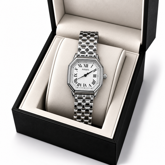 Fossil Silver Octagonal Roman Dial Luxury Watch