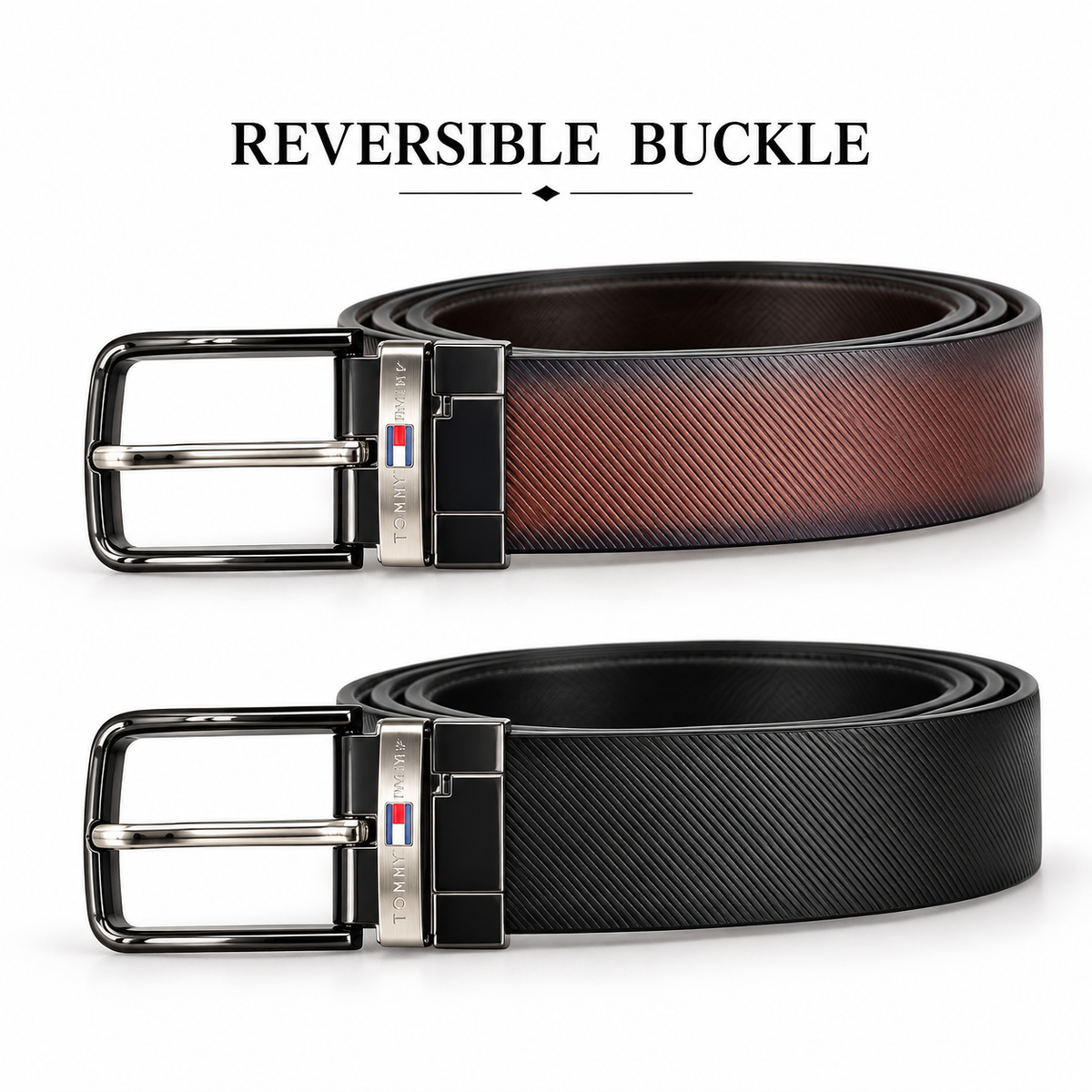 Tommy Hilfiger Reversible Diagonal Texture Belt – Black & Burgundy