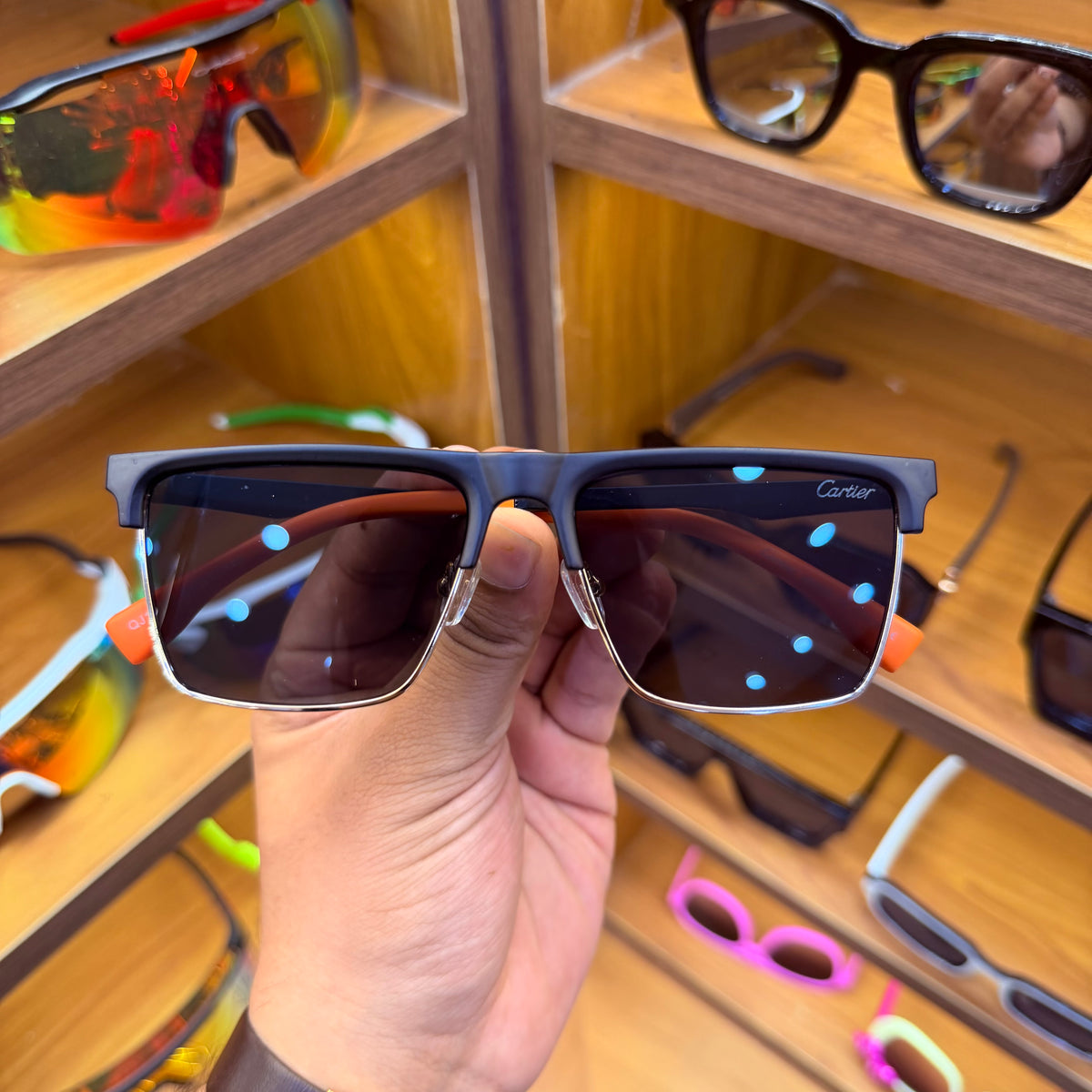 Cartier aJ18322 Matt Black With Half Gold Metal Frame and orange strap Stylish Trendy Premium Sunglasses