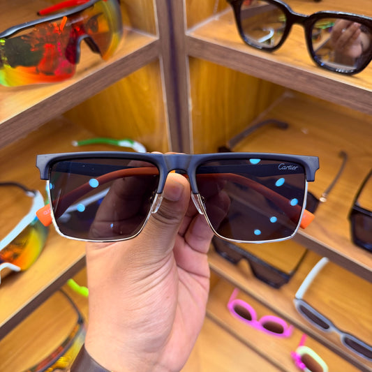 Cartier aJ18322 Matt Black With Half Gold Metal Frame and orange strap Stylish Trendy Premium Sunglasses