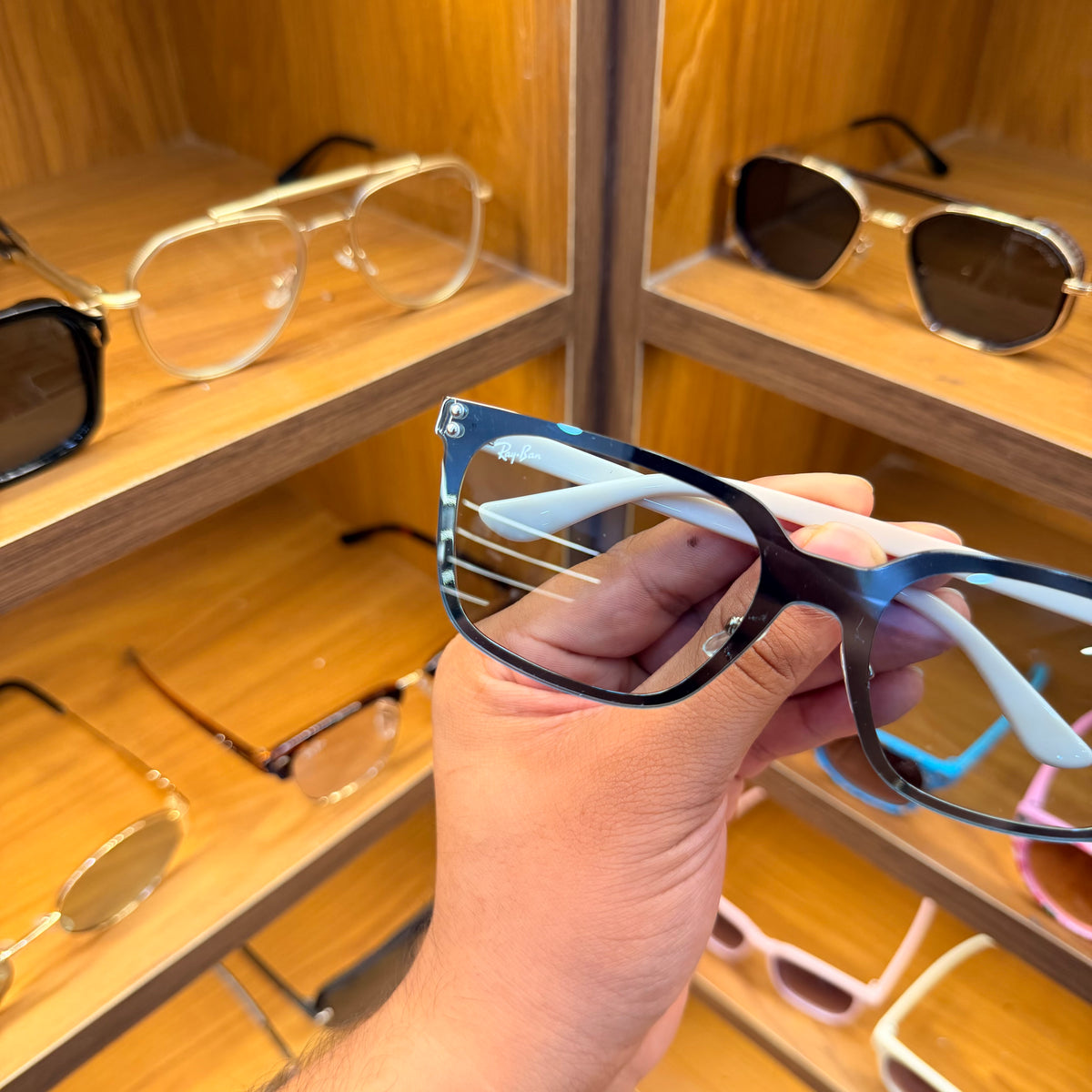 Rayban Slim Light Weight White Blue Transparent Lens Rectangle Premium Sunglasses