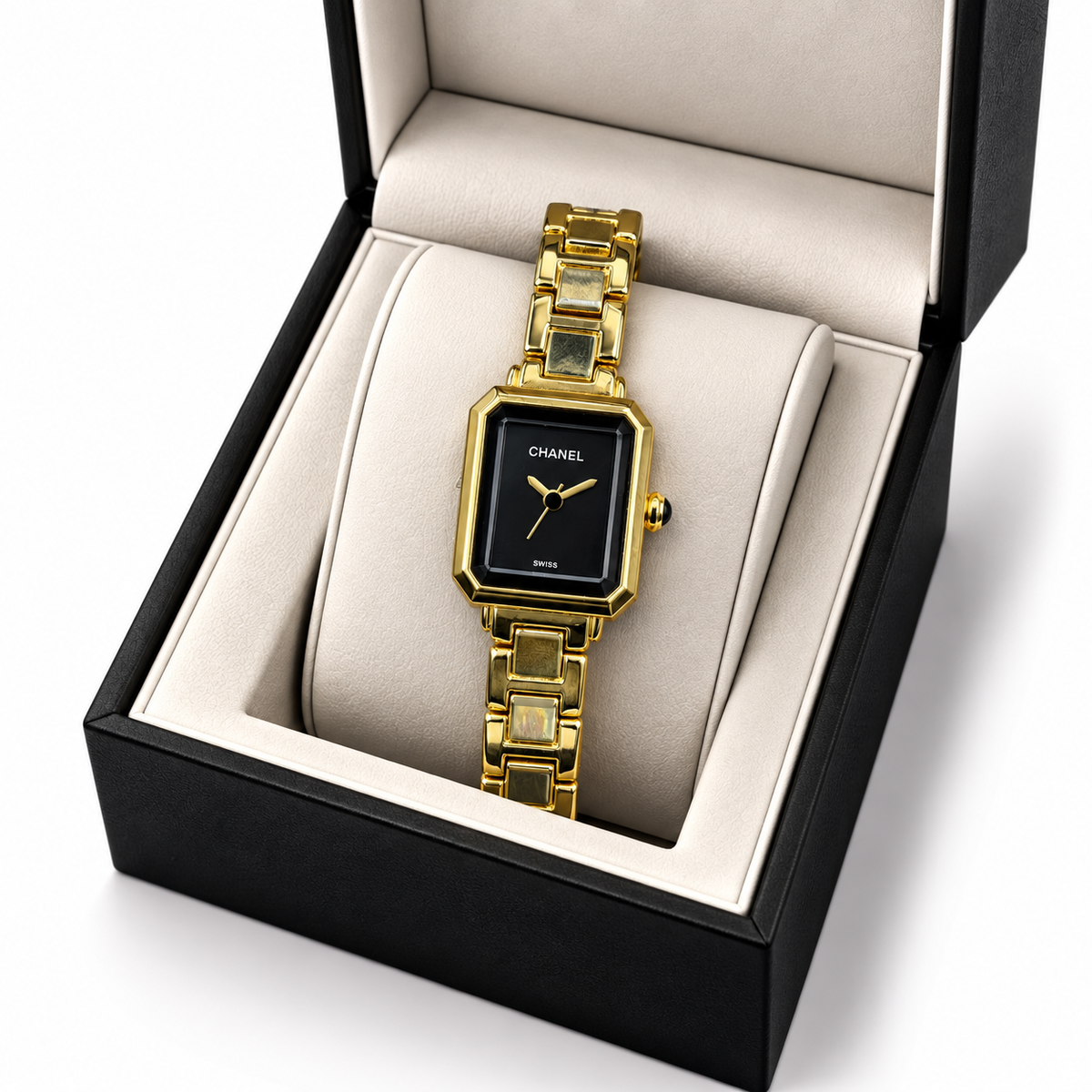 Chanel Black Rectangular Gold-Tone Luxury Watch