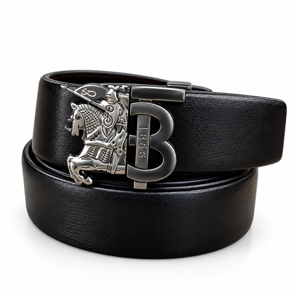 Burberry-Inspired Knight Emblem Black Leather Belt – Silver-Tone Buckle
