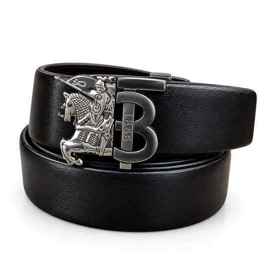 Burberry-Inspired Knight Emblem Black Leather Belt – Silver-Tone Buckle