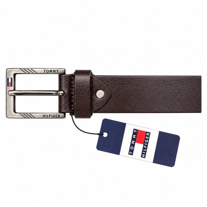 Tommy Hilfiger  Brown Textured Leather Belt – Signature Square Buckle