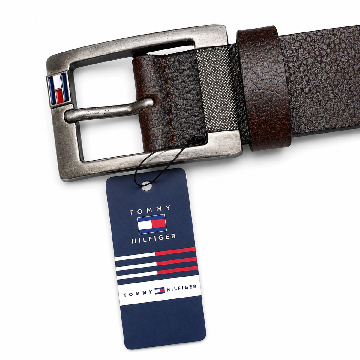 Tommy Hilfiger Embroidery Brown Leather Rectangle Buckle Belt