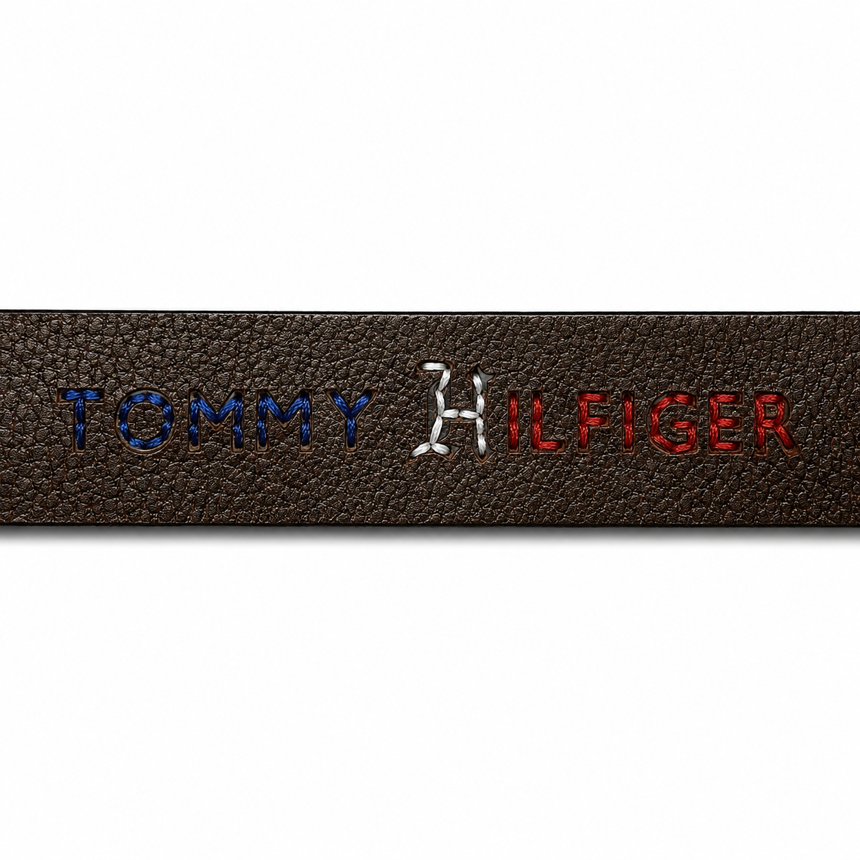 Tommy Hilfiger Embroidery Brown Leather Rectangle Buckle Belt