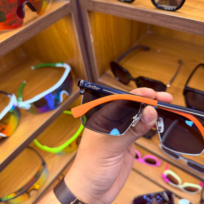 Cartier aJ18322 Matt Black With Half Gold Metal Frame and orange strap Stylish Trendy Premium Sunglasses