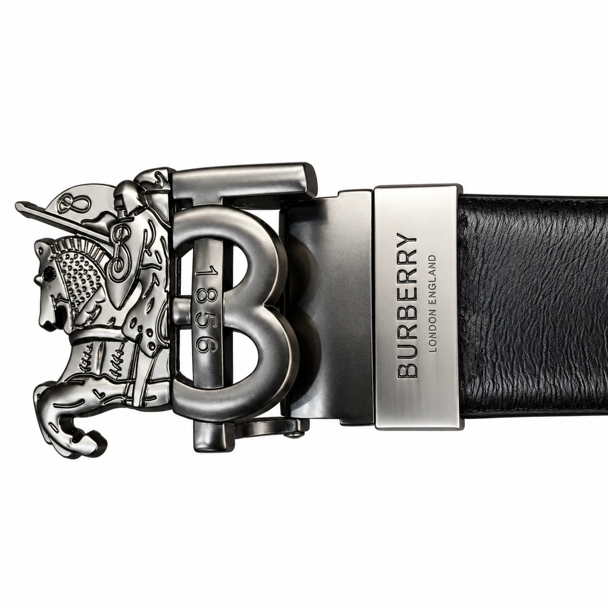 Burberry-Inspired Knight Emblem Black Leather Belt – Silver-Tone Buckle