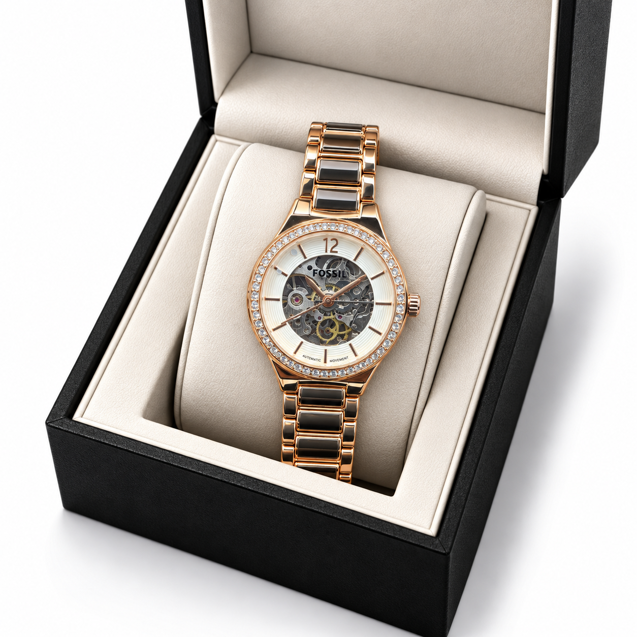 Fossil Rose Gold Crystal Bezel Skeleton Automatic Watch