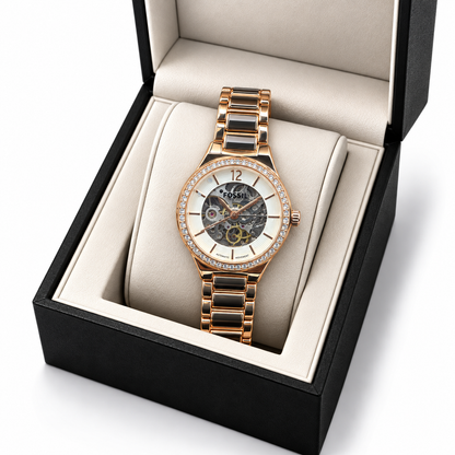 Fossil Rose Gold Crystal Bezel Skeleton Automatic Watch