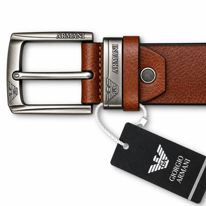 Giorgio Armani Premium Heavy Buckle Textured Brown Leather Belt