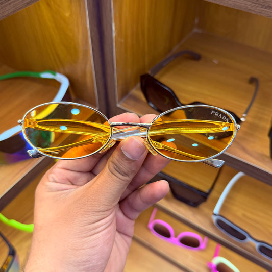 Prada Oval Yellow lens Golden Metal Frame Premium Fashion Sunglass