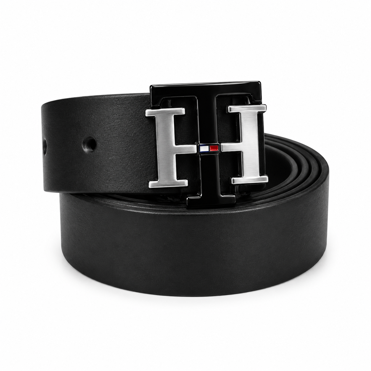 Tommy Hilfiger Black & Silver Signature Buckle Belt with Black Genuine Leather
