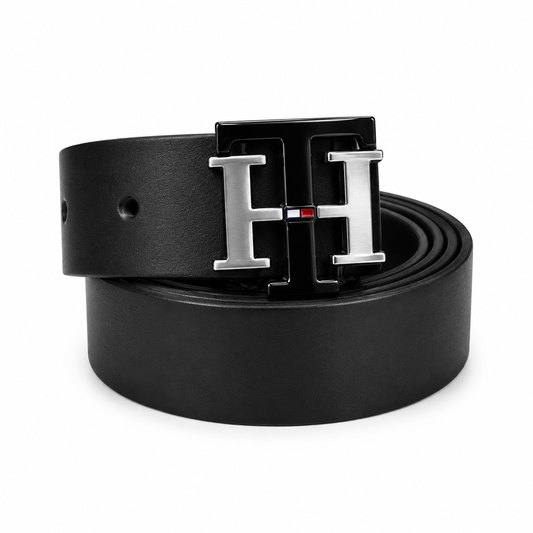 Tommy Hilfiger Black & Silver Signature Buckle Belt with Black Genuine Leather