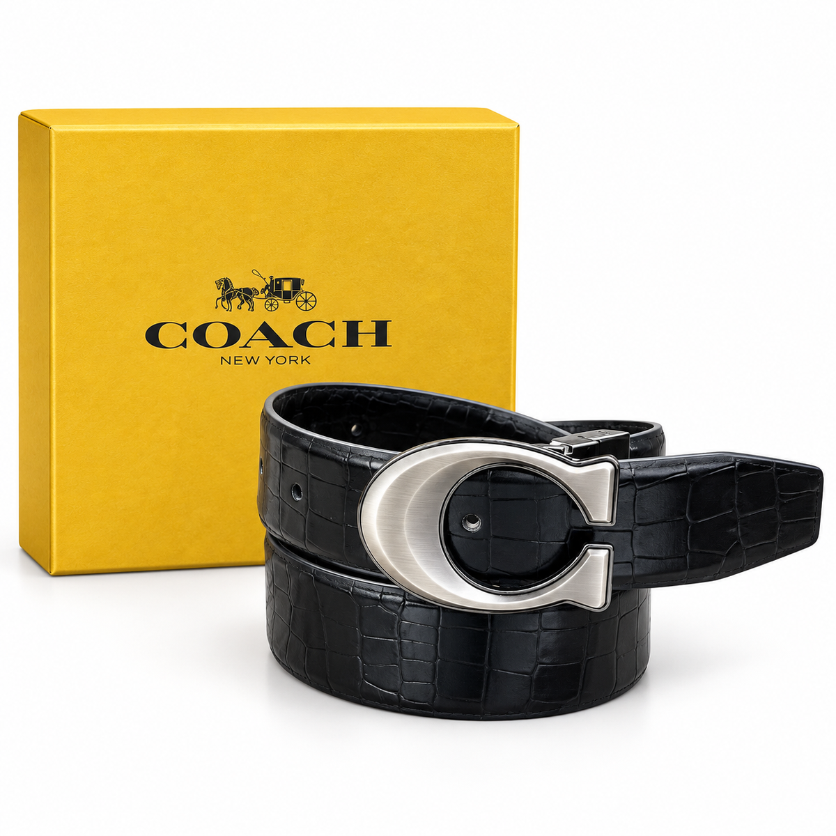 Coach Premium Reversible C-Buckle Crocodile Texture Belt – Black & Brown