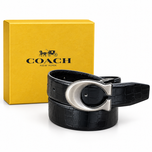 Coach Premium Reversible C-Buckle Crocodile Texture Belt – Black & Brown