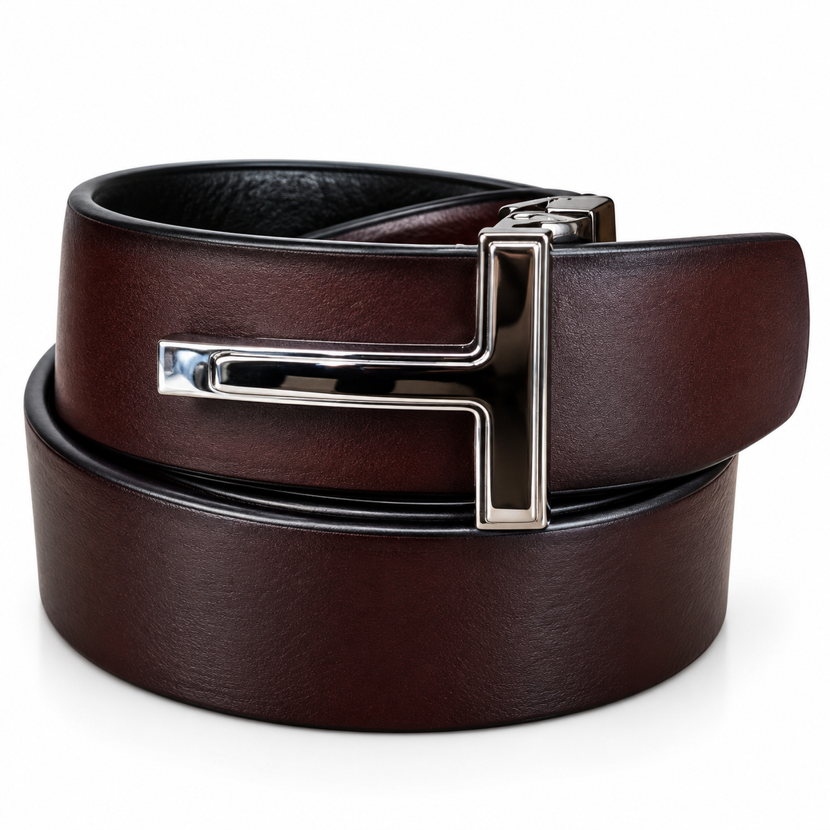 Tom Ford Premium Quality Reversible Black & Dark Brown Leather Belt for Men with Signature T Buckle