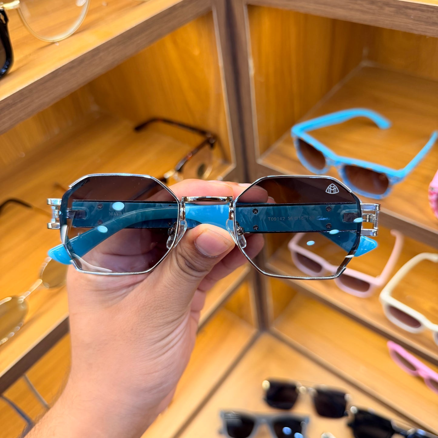 Maybach T09142 Modern Shape Blue Marble Strap Colour Premium Sunglasses