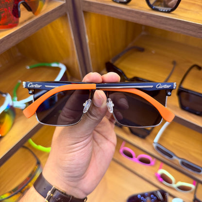 Cartier aJ18322 Matt Black With Half Gold Metal Frame and orange strap Stylish Trendy Premium Sunglasses