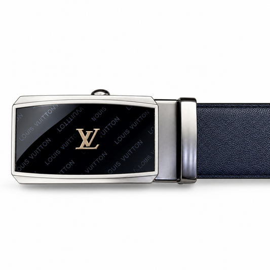 Louis Vuitton-Inspired Black Automatic Belt – Rose Gold Monogram Buckle