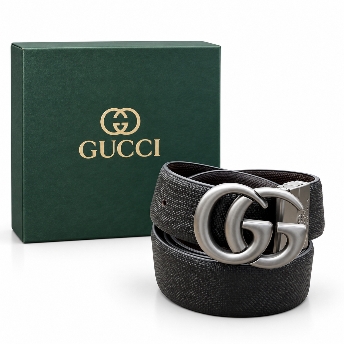 Gucci GG Silver Buckle Reversible Black & Brown Textured Belt