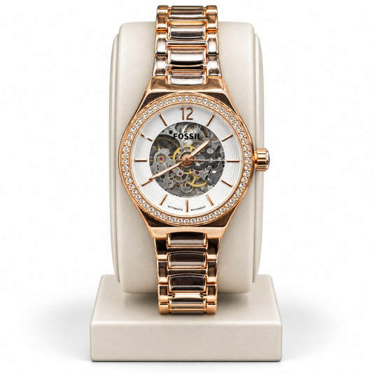 Fossil Rose Gold Crystal Bezel Skeleton Automatic Watch