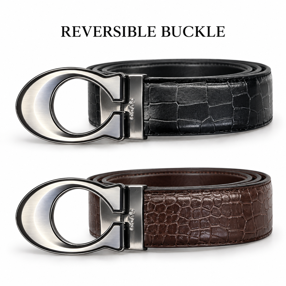 Coach Premium Reversible C-Buckle Crocodile Texture Belt – Black & Brown
