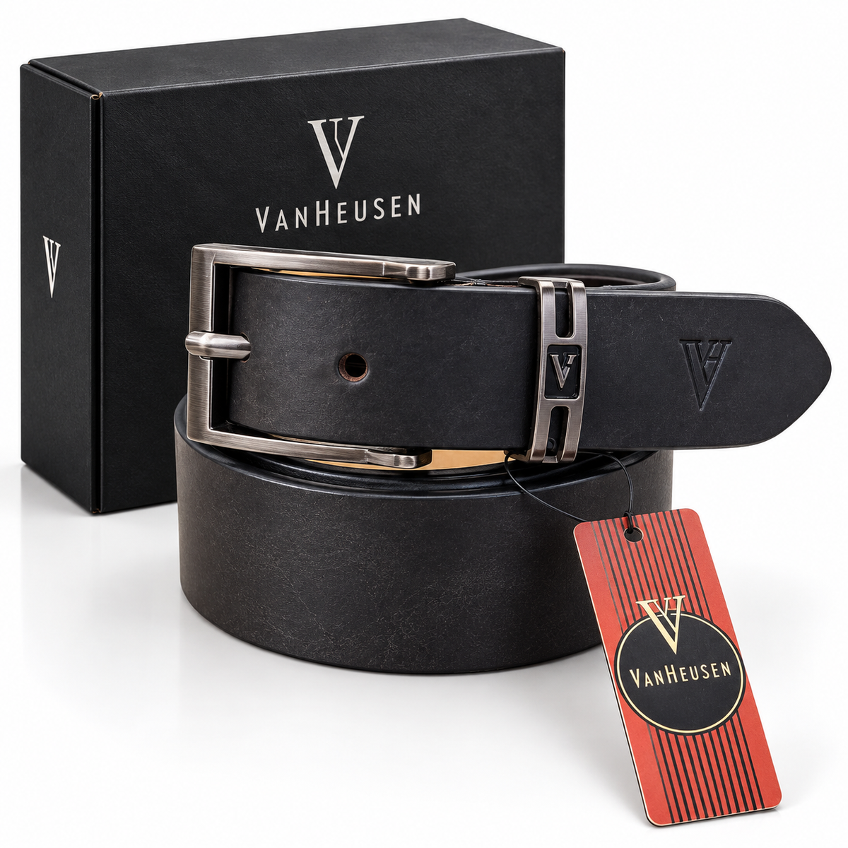 Van Husan Premium Black Leather Belt – Classic V Buckle