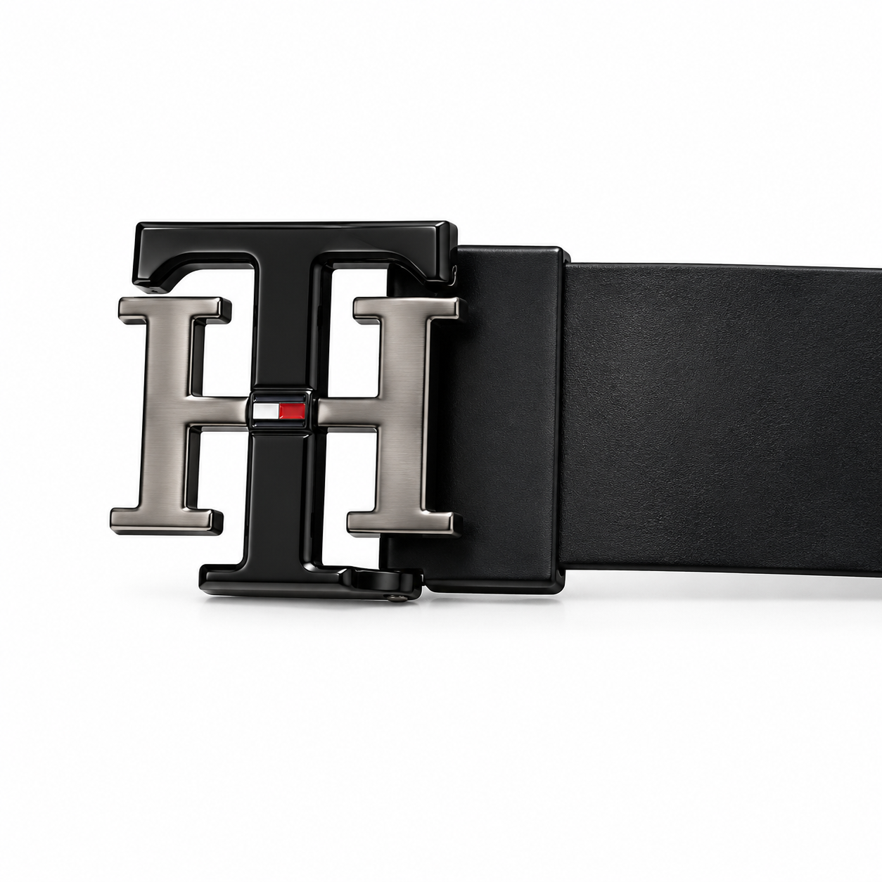 Tommy Hilfiger Black & Silver Signature Buckle Belt with Black Genuine Leather