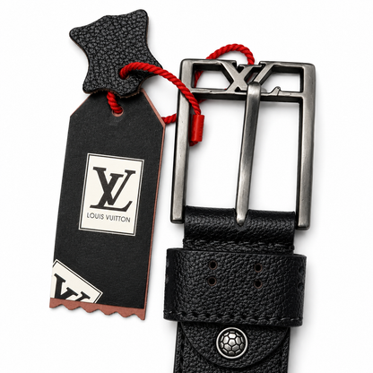 LV Classic Black Leather Grey Rectangle Buckle Belt
